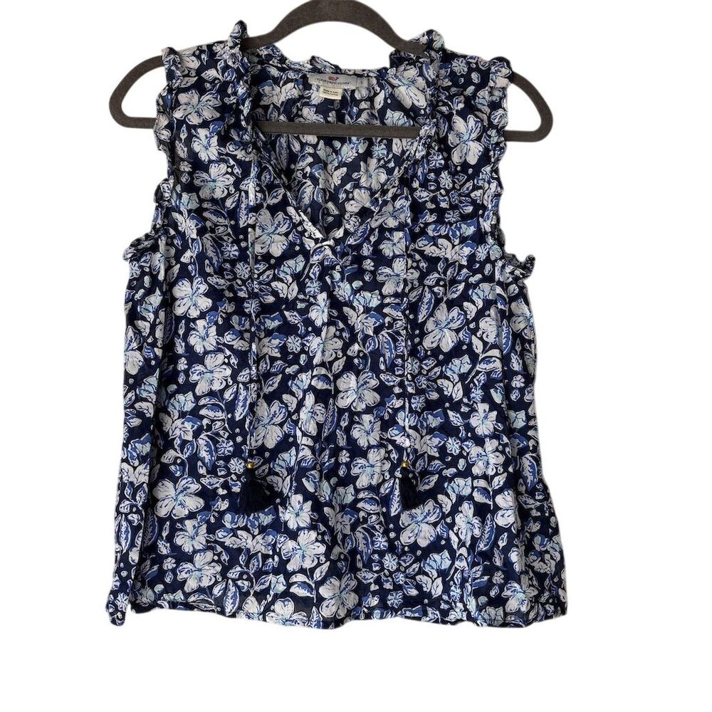 Vineyard Vines Women's S Blue Floral Ruffle Sleeveless Blouse